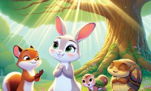 Ruby, a young rabbit with bright eyes and velvety fur, stands proudly at the center of the scene, a determined smile on her face. She is surrounded by her friends: Max, an agile squirrel with brown fur and mischievous eyes, who enthusiastically claps, and Bella, a wise turtle with a shell adorned with colorful patterns, who smiles kindly while encouraging them. The scene takes place under the Great Oak, a majestic tree with vibrant green leaves, with rays of sunlight filtering through the branches, illuminating the ground covered with wildflowers and soft grass. Ruby and her friends celebrate their victory at the Forest Games, where they proved that all animals, regardless of their gender, can shine together. The atmosphere is joyful and energetic, symbolizing unity and equality in diversity.