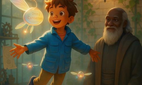 Băiat de 6 ani cu ochi strălucitori și păr șaten deschis zburlit, față zâmbitoare și uimită, plutește ușor deasupra solului cu brațele deschise, poartă geacă albastră cu buzunare și pantaloni kaki; bătrân (magister) de circa 70 de ani cu barbă lungă și albă, îmbrăcat în stofe gri și bronz, stă lângă o masă cu hărți și cristale privind binevoitor copilul; Dronă a Cunoașterii, aparat zburător translucid cu corp oval și aripi subțiri irizate, zboară în fața copilului emițând o lumină blândă aurie; voliera este o seră veche mare cu ziduri de cărămidă acoperite de crem și iederă, lanternă atârnată, raze de lumină în praf, rafturi metalice cu angrenaje și hărți agățate; scenă magică în care copilul se ridică susținut de drone mici, lumini multicolore reflectându-se pe fața lui, atmosferă între știință (angrenaje, cristale) și poveste (strălucire caldă, pene translucide).