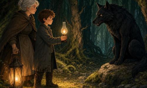 A 10-year-old boy, Tomas, cautious and brave with messy brown hair, freckles, a gray wool coat and muddy boots, holds a glass oil lamp glowing warm yellow-orange; a large black wolf with ink-dark fur, tarnished coin-like eyes, a slim muzzle and visible teeth sits by a rock at the edge of a reflective pond, both alluring and menacing; a woman of about 60, the lantern keeper, silver hair tied and soot-stained hands, places a large lantern on the ground behind the boy to reinforce the light, calm and resolute; the scene is a dense night wood with gnarled trunks, green moss, wet stones, a small moonlit pond and a faint greenish underbrush glow; main situation: a tense confrontation at the pond’s edge—the warm circle of lantern light forms a safety ring around the boy and keeper contrasted with cold green shadows where the wolf threatens, composition focused on the light circle, strong warm/cold contrast, clear expressions and readable silhouettes.