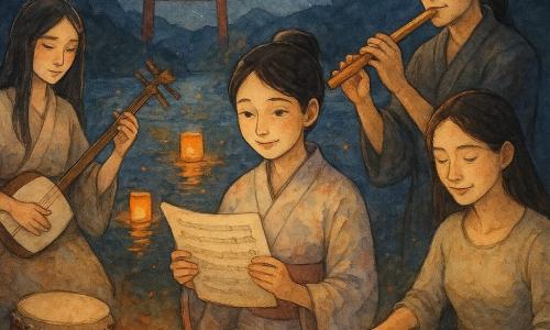 Aiko, a gentle determined woman of about 30 with hair in a simple bun, holds a yellowed score and smiles shyly as four musicians play around her at night on a calm riverbank: Ren (28) stands slightly back with a shiny bamboo flute, Daichi (32) with a sturdy build taps a small taiko to the left, Hana (31) sits center plucking a koto, and Sora (29) pale and moved, cradles a newly unwrapped shamisen at the left; orange lanterns drift on the water, a red torii and dark cedar silhouettes stand in the background with silver reflections and a white heron on the far bank, warm lantern light, watercolor splashes suggesting flame reflections and floating musical notes, soft palettes of red, gold and midnight blue, paper textures, slightly waterblotted edges and dark ink accents for instruments and faces.