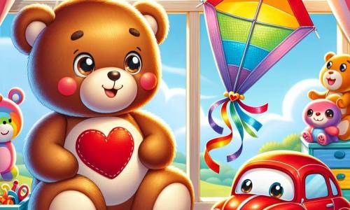 Toby, an adorable brown teddy bear with a red heart sewn on his chest, stands on a wooden shelf near a window. His expression is sweet and warm, with bright eyes reflecting hope. Next to him, Speedy, a small red car with sparkling eyes and a beaming smile, joyfully vrooms, its wheels turning enthusiastically. Flutter, a pretty rainbow-colored kite, gracefully floats in the air, its ribbons dancing around it, displaying a big smile. The setting is a bright and welcoming room filled with colorful toys and sunlight filtering through the window, creating a warm and comforting atmosphere. In this scene, Toby, Speedy, and Flutter gather to share their dreams and stories, surrounded by a sense of camaraderie and joy, illustrating the power of friendship in a moment of support and comfort.
