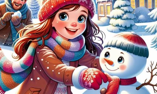 Een 11-jarig meisje genaamd Lina staat midden in een betoverend winterlandschap, met stralende ogen van vreugde en verwondering. Ze heeft lang bruin haar, een rode wollen muts op haar hoofd en draagt een kleurrijke sjaal die lichtjes in de wind wappert. Lina is bezig een grote sneeuwpop te maken, met een glimlach, takken als armen en een wortel als neus. Naast haar helpt haar moeder, een vrouw van ongeveer 35 jaar met kastanjebruin haar en door de kou roze wangen, haar bij het vormen van de sneeuwpop. Ze draagt een blauwe jas en handschoenen, lachend terwijl ze naar haar dochter kijkt. Op de achtergrond is Lina's vader, een man van ongeveer 40 jaar met kort haar en een lichte baard, bezig een sneeuwbal te gooien, met een ondeugende glimlach op zijn gezicht. Hij draagt een dikke jas en een zwarte muts, iets op de achtergrond staand, klaar om deel te nemen aan de sneeuwballenstrijd. De locatie is een heuvel bedekt met een dikke laag glinsterende sneeuw, omringd door bomen met takken vol sneeuw, onder een helderblauwe lucht met witte wolken. De hoofdscène toont Lina en haar familie die samen plezier hebben in de sneeuw, vrolijke herinneringen creërend terwijl ze een sneeuwpop maken, omringd door lachen en geluk.