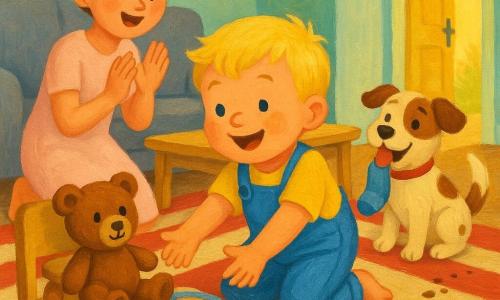 Zweijähriger Ben, lächelnd und staunend, blonde Strähnen, rundliche Backen, gelbes T-Shirt und blaue Latzhose, kniet und hebt einen braunen Kuschelteddy auf; seine Mutter (etwa 30), brünette im Dutt, hellrosa Kleid, steht lächelnd hinter ihm und klatscht leicht; der kleine Hund Max, beige gefleckt, bringt eine Socke, sitzt neben einem kleinen Sessel und blickt freudig zu Ben; der Teddy mit schwarzen Stickaugen und genähtem Lächeln liegt auf einem Holzsessel neben einem Teller mit einem halben Keks; gemütliches Wohnzimmer mit rot-creme gestreiftem Teppich, grauem Sofa, heller Holz-Couchtisch und halb geöffneter Tür, die goldenes Licht hereinlässt, Krümel und Pfotenabdrücke bilden eine Spur; Szene: Ben findet Teddy nach der Spur, Max zeigt darauf, Mutter lächelt — freudiger, teilender Moment in sanften Farben mit sichtbarer Acrylstruktur.
