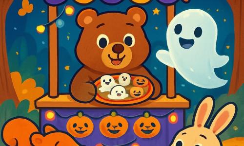 Benny the Bear, a brown bear with sparkling eyes and a warm smile, stands behind a brightly decorated stand with twinkling lights and smiling little pumpkins. He is joyful and proud, holding a plate of ghost and pumpkin-shaped cookies. Next to him, a friendly translucent ghost, with a big smile and round eyes, floats happily, adding a magical touch to the scene. The setting is an enchanted forest with golden-leaved trees and bright stars in the night sky, creating a festive and warm atmosphere. The main scene shows Benny and the ghost welcoming animal friends like Sammy the Squirrel and Lily the Rabbit, who approach with amazed eyes, ready to enjoy the delicious cookies and the magic of Halloween.
