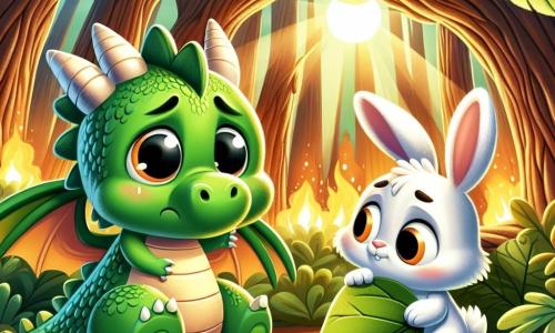 Un mic dragon verde pe nume Rafi, cu solzi strălucitori și ochi rotunzi și îngrijorați, se ascunde sub o frunză mare, iar fața lui exprimă frică și incertitudine. Lângă el, un adorabil iepuraș alb pe nume Tupi, cu urechi mari și un zâmbet reconfortant, se apropie ușor, având o expresie prietenoasă și încurajatoare. Scena se desfășoară într-o pădure fermecată, unde copacii majestuoși cu trunchi groși sunt acoperiți de mușchi verde, iar razele soarelui filtrează prin frunziș, creând o atmosferă caldă și magică. Departe, flăcările portocalii dansează ușor, dar acum sunt stinse, lăsând loc unei lumini aurii blânde. Rafi, dragonul, se simțea speriat de foc, în timp ce Tupi, iepurele, îi oferă sprijin și prietenie, arătându-i că nu este singur în fața temerilor sale.