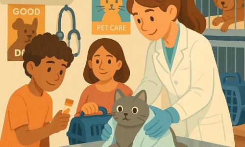 A focused, smiling female veterinarian with chestnut hair in a ponytail and a slightly wrinkled white coat gently holds a towel over a round grey cat named Captain Pancake on a shiny metal exam table; 12-year-old Leo, curly-haired and shifting from worried to proud, stands left holding a treat tube toward the cat while a relieved but attentive woman of about 35 with straight brown hair stands behind him holding a closed carrier; in the background Noodle, a small curly dog, dozes in a recovery cage with a paw hanging out; the bright, clean clinic has cream walls, colorful animal safety posters, labeled medicine boxes on shelves and a stethoscope hanging, conveying a calm, orderly, caring veterinary exam.