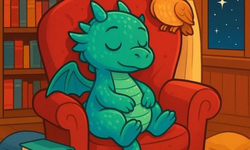 Un piccolo drago di nome Lumo, con squame scintillanti di blu e verde e occhi brillanti come stelle, è seduto comodamente su una grande poltrona di velluto rosso, mostrando un'espressione di serenità e calma. Chiude gli occhi, respirando profondamente, circondato da libri dalle copertine colorate che sembrano sussurrare storie. Accanto a lui, un piccolo gufo dalle piume morbide e dorate, con grandi occhi rotondi e curiosi, osserva Lumo con un'espressione tranquilla, posato sullo schienale della sedia, aggiungendo un tocco di magia alla scena. La biblioteca è un luogo incantevole, con pareti in legno caldo, scaffali pieni di libri dai colori vivaci e una luce soffusa che filtra attraverso grandi finestre adornate da tende leggere. Cuscini morbidi sono sparsi intorno, creando un'atmosfera accogliente e pacifica. Lumo si prepara a addormentarsi, circondato dall'aura tranquilla della biblioteca, mentre stelle scintillano all'esterno, aggiungendo un tocco di sogno a questa scena zen.