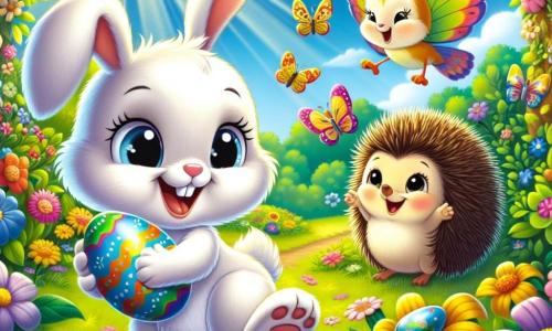 Un coniglietto bianco di nome Bianchino, con grandi orecchie e occhi scintillanti di gioia, salta in un giardino colorato, circondato da fiori vivaci e alberi verdi. Sorride ampiamente, tenendo un uovo di Pasqua di cioccolato tra le zampe. Accanto a lui, una bella farfalla di nome Lilla, con ali multicolori, vola allegramente mostrando un uovo blu che ha trovato, il viso che sprizza entusiasmo. Un piccolo uccellino giallo di nome Canto, appollaiato su un ramo, canta gioiosamente mentre tiene un uovo giallo nel becco, gli occhi brillanti di felicità. Sullo sfondo, un riccio di nome Spino, con il dorso spinoso e un sorriso soddisfatto, si piega per raccogliere un uovo verde nascosto sotto una foglia. Il giardino è illuminato, con raggi di sole che filtrano tra gli alberi, creando un'atmosfera festosa e magica, mentre gli amici celebrano insieme la gioia di Pasqua.