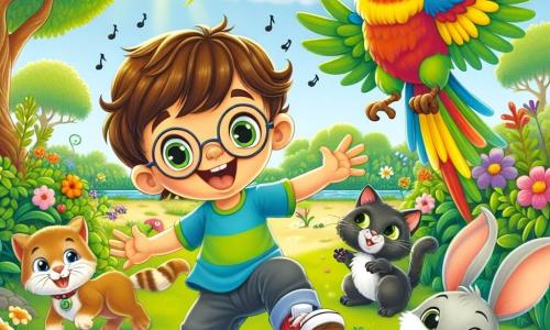 In un giardino soleggiato, un ragazzo di 7 anni di nome Leo, con capelli castani e occhiali rotondi, balla felicemente al centro dell'immagine, con un grande sorriso sul volto. A destra, un pappagallo colorato di nome Pipo, con piume verdi, gialle e rosse, canta battendo le ali, aggiungendo un tocco di magia alla scena. A sinistra, un gatto grigio con occhi verdi, di nome Gatto, sta saltando con un'aria curiosa, mentre un piccolo cane marrone, Cagnolino, agita la coda, pronto a giocare. Un adorabile coniglio bianco, Coniglio, salta intorno a loro, con orecchie lunghe e dritte, tutto eccitato. Il giardino è pieno di fiori colorati, grandi alberi verdi e un cielo blu splendente, creando un'atmosfera gioiosa e accogliente. Sullo sfondo, un piccolo cespuglio nasconde una sorpresa, dove si può intravedere un angolo della festa che si sta preparando. La scena principale mostra Leo e i suoi amici animali che celebrano una festa gioiosa, cantando insieme e ballando, mentre Gatto fa un salto maldestro e cade in un cespuglio, provocando risate e divertimento tra tutti gli altri.
