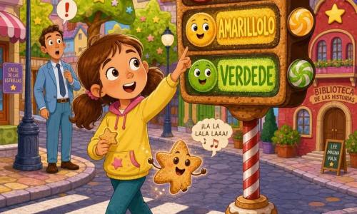 Niña de 10 años de rostro redondo, cabello castaño en coletas, ojos brillantes y cejas curiosas, con aire asombrado y travieso, sostiene una pequeña galleta-estrella y camina por un paso de peatones; la galleta exploradora Gala, un biscuito dorado con ojos de chocolate y sonrisa, canta y flota sobre la mano de la niña; un hombre adulto de unos 35 años con traje azul claro observa sorprendido desde la acera izquierda; el cruce es un barrio colorido con aceras adoquinadas, farolas redondas, fachadas pastel, árboles con hojas en forma de estrella y una biblioteca roja al fondo; el semáforo central tiene caras dibujadas y muestra palabras extrañas 