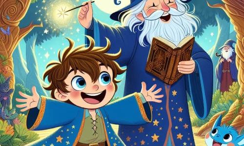 No centro da imagem, um jovem garoto de oito anos, Léo, aparece como um aprendiz de feiticeiro. Ele tem cabelos castanhos bagunçados, olhos brilhantes de curiosidade e veste uma túnica de feiticeiro azul adornada com estrelas cintilantes. Seu rosto expressa uma imensa alegria enquanto segura uma varinha mágica, pronto para lançar um feitiço. Ao seu lado, Merlin, um velho mago com uma longa barba branca e um manto azul estrelado, sorri orgulhosamente. Ele está levemente curvado, segurando um velho grimório em uma mão, enquanto a outra mão está levantada, como se estivesse guiando Léo em sua magia. Ao fundo, um pequeno dragão azul chamado Sparky voa alegremente ao redor deles, deixando para trás faíscas coloridas. A cena ocorre em uma floresta encantada, onde árvores majestosas com troncos retorcidos se elevam alto no céu, suas folhas brilham com um brilho dourado sob a luz da lua. Flores luminosas e criaturas mágicas, como fadas cintilantes, adicionam um toque de magia ao ambiente. A situação principal mostra Léo, com um olhar determinado, preparando uma poção mágica em um grande caldeirão de ferro, enquanto Merlin o observa com benevolência, pronto para ajudá-lo em seu aprendizado.