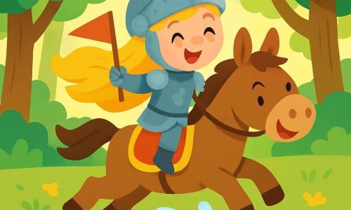 Een dappere ridder, Lila, staat trots op haar paard, Bobo. Ze heeft lange gouden haren die in de wind wapperen en draagt een glinsterende harnas, versierd met bloemmotieven. Haar gezicht straalt vastberadenheid en vreugde uit, met een grote glimlach. Naast haar knikt Bobo, een bruin paard met zachte ogen, enthousiast met zijn oren omhoog. Op de achtergrond is er een dicht bos met grote bomen met heldergroene bladeren en zonnestralen die door de takken filteren. Een glinsterende beek stroomt vredig, wat een vleugje magie aan de scène toevoegt. Lila en Bobo bereiden zich voor om de beek over te steken, klaar om moedig te springen. De illustratie toont het moment waarop ze de lucht in springen, wat vrolijke waterspetters om hen heen creëert.