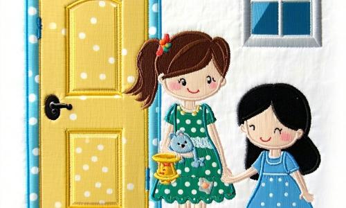 Hay tres niñas de unos 7 años: a la derecha una morena con coletas y vestido amarillo con lunares sosteniendo una pequeña luz amarilla junto a la puerta; en el centro una rubia de pelo corto con pijama verde a rayas mirando por la ventana mientras abraza un peluche; a la izquierda una morena de pelo largo con vestido azul sonriendo y poniendo una lámpara azul en la mesita. En una habitación infantil acogedora vista en contrapicado con paredes lavanda de textura textil, cama con colcha patchwork y ventana redonda con cielo estrellado, las tres encienden pequeñas luces que proyectan manchas suaves azul, verde y amarilla en las paredes; atmósfera cálida y tranquilizadora, formas amistosas, texturas cosidas visibles y colores pastel pensados para atraer a un niño de 4 años.