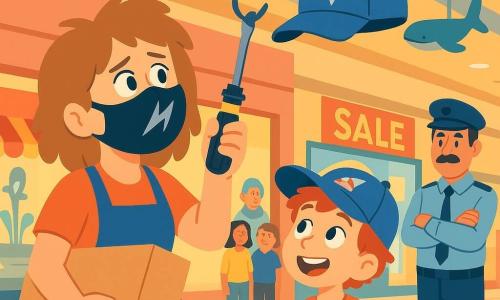 Een volwassen vrouw (Nova) met ronde gezicht, lichtbruin warrig haar en een groot te ruim zwart masker met zilveren bliksemschichten draagt een klusserstegeltje en houdt onder haar arm een lange kartonnen doos; ze reikt met een met geel tape omwikkelde schroevendraaier naar een blauw petje dat hoog aan een haak hangt. Een jongen van circa 8 jaar (Bram) met rossig haar en een blauwe pet met raketmotief staat op een bank naast haar, vol hoop en opgetogenheid. Rechts achteraan staat een strenge maar milde beveiligingswachter met grote snor en armen over elkaar, kijkend met een halve glimlach. De scène speelt zich af in een groot overdekt winkelcentrum met glanzende tegelvloer, neon SALE-borden, een fontein, etalages in kleur, een plastic walvis aan het plafond en een metalen ophanghaak. Sfeervol en komisch, warme vrolijke kleuren (geel, blauw, koraal), eenvoudige vormen, nette contouren; compositie gecentreerd op Novas heldhaftige maar onhandige handeling, midshot met lichte tegenaanzicht, zacht licht en kinderlijke, vrolijke uitstraling.