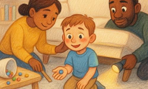 There are three characters: Leo, a 6-year-old boy with short light brown hair, large slightly reddened eyes, wearing a sky-blue T-shirt and beige pants, kneeling by the sofa holding a small blue marble in his palm with a relieved face; Mom, an adult woman with brown hair in a low bun, fair skin, mustard sweater and jeans, crouched to Leo’s left with one hand on his shoulder and the other using a ruler to gently push the marble, soft reassuring expression; Dad, an adult man with short hair and light beard, wearing a dark green sweater, to Leo’s right lifting the sofa slightly with one hand to let light through while holding a small flashlight that illuminates the floor under the sofa. The scene is a cozy, bright living room with a textured light-gray rug, a slightly raised cream sofa, a small light-wood coffee table with an overturned bowl of colorful marbles, a bookshelf with books and a tilted photo frame; the flashlight casts a warm yellow beam contrasting with the room’s soft lighting. Main moment: discovery — the flashlight reveals a shiny blue marble trapped near a dust cloud under the sofa; clear expressions of relief on Leo, gentle parental gestures, calm comforting atmosphere; visible colored-pencil style with textured strokes, saturated colors and slightly blurred outlines for a warm, childlike look.
