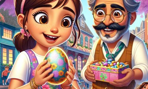 A 12-year-old girl named Lily stands at the center of the image, with brown hair tied in a ponytail, sparkling eyes full of curiosity, and a big smile on her face. She wears a colorful dress adorned with floral patterns and holds a mysterious egg that sparkles in her hands, revealing her excitement and wonder. Next to her is Mr. Whiskers, a jovial man around 50 years old, with a bushy mustache and round glasses. He smiles warmly at Lily, dressed in a bunny-patterned apron, and holds a box of candies in his hands, ready to share his joy. The setting is a charming town during Easter, with colorful buildings, flower garlands hanging, and children playing in the park. In the background, a large flowering tree adds a touch of magic to the scene. The main situation shows Lily discovering the mysterious egg in Mr. Whiskers' candy shop window, surrounded by a festive atmosphere full of bright colors and joy, symbolizing the spirit of adventure and discovery of Easter.