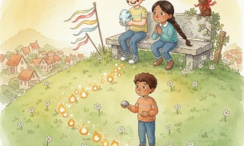 Tommy, a smiling, amazed 10-year-old with short brown hair and a chocolate smudge at his mouth, gently holds a pale blue egg streaked with silver on a stone bench; Mira, about 9, with a curious face and dark braid, crouches beside him with hands clasped and eyes wide toward the hill; a small boy of about 6 stands a few steps below holding a warm pebble like a treasure; the soft, rolling grassy hill is dotted with daisies, an old stone bench at the top, ribboned flags fluttering, and distant village roofs; dozens of ember-like lights or fireflies form a glowing trail among the grass; a ribboned chocolate rabbit rests on a honeysuckle-covered fence nearby; atmosphere: golden late-afternoon light, pastel watercolor colors, dewy textures and bright white highlights on the egg and lights.