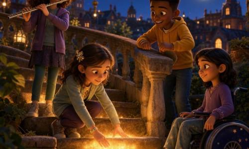 A lively 10-year-old girl with brown hair clipped back touches a stone step that glows under her hand; an upbeat 11-year-old boy, Jamal, dark-skinned with short hair, drums a rhythm on the railing to her right; a gentle 12-year-old girl, Lila, fair with wavy hair, plays a clear note on a small metal flute slightly behind to the left; a calm 10-year-old girl, Nisha, in a wheelchair painted with small stars, taps her heel against the base of the step near the main girl. They stand on an old spiral stone staircase opening onto an urban rooftop terrace with orange and yellow lanterns, brick buildings, leafy trees and a pale moon; the steps shift like living pieces, stones parting to emit warm glows as the children create a shared rhythm to soothe the stair, creating a magical, warm, inclusive atmosphere.