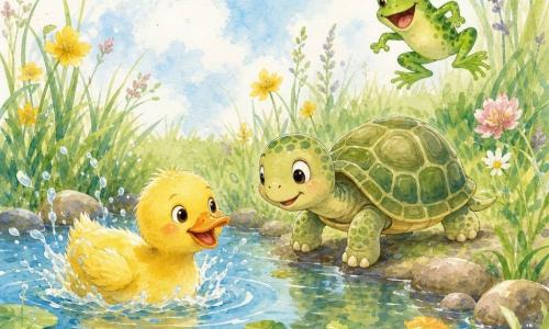 Een kleine groen-beige schildpad met een rond schild en zachte patronen, vrolijk en ondeugend, schuift langzaam vooruit; links zwemt een felgeel eendje met pluizige veren en wat waterdruppels, speels; achter de schildpad springt een groene kikker met donkerdere vlekken, levendig en lachend. Locatie: een kleine ronde vijver omringd door hoog gras en wilde bloemen, zachtblauwe lucht, lichte reflecties in het water, wat ronde stenen en drijvende bladeren. Sfeer: speels en komisch, de schildpad probeert de vrienden bij te houden, pastelkleuren en aquareltexturen, enkele gecontroleerde spatjes.