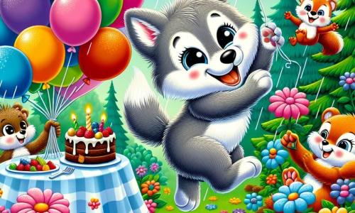 Ein kleiner fröhlicher Wolf mit grauem Fell und funkelnden Augen springt glücklich in einem bunten Garten, umgeben von bunten Ballons, die in der Luft schweben. Neben ihm hält ein kleiner brauner Bär mit einem breiten Lächeln ein Stück Schokoladenkuchen, seine Augen leuchten vor Aufregung. Ein rotes Eichhörnchen, das auf einem Ast sitzt, applaudiert begeistert mit erhobenen kleinen Pfoten. Der Garten ist voller leuchtender Blumen, großer grüner Bäume und eines Tisches, der mit Kuchen und Süßigkeiten dekoriert ist. Der kleine Wolf tanzt mit seinen Freunden im beginnenden Regen, was eine festliche und fröhliche Atmosphäre schafft, während das Lachen um sie herum erklingt.