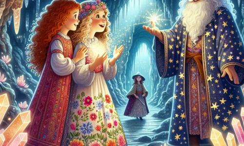 A história se passa em uma caverna mágica, onde paredes cintilantes de cristais brilham como estrelas. No centro, Lúcia, uma jovem de cabelos cacheados e dourados, expressa grande curiosidade e um misto de empolgação e apreensão. Ela usa uma túnica colorida com padrões florais e segura uma flor luminosa, iluminando seu rosto com uma suave luz. Ao seu lado está Flávia, uma menina da mesma idade, com longos cabelos castanhos e olhos brilhantes de travessura. Ela sorri, pronta para encorajar Lúcia, segurando um pequeno cristal brilhante que acabou de encontrar. Flávia veste um vestido simples, mas elegante, que se harmoniza com o ambiente mágico da caverna. A caverna é vasta, com estalactites cintilantes e sombras dançantes criadas pela luz dos cristais. Ecos misteriosos ressoam ao redor, adicionando uma atmosfera encantada à cena. Lúcia e Flávia estão diante do mago, um homem idoso de barba branca, vestido com uma túnica estrelada, que as observa com um sorriso benevolente. A situação principal mostra Lúcia, pronta para enfrentar o desafio do mago, enquanto Flávia a encoraja, ilustrando a amizade e a coragem diante do desconhecido.