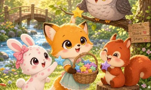 Lilo, pequena raposa chibi de pelagem dourada, olhos castanhos grandes e sorriso terno, segura um cesto de estrelas de papel coloridas; à esquerda Lola, coelhinha branca com manchas rosas e laço rosa, oferece uma estrela azul; à direita Tico, esquilo ruivo travesso, sentado num toco, segura uma estrela torta e ri; acima, Duda, coruja cinza arredondada, empoleirada numa baixa brancha, recebe uma estrela brilhante; clareira matinal com relva orvalhada, flores silvestres, riacho cintilante e ponte de madeira, luz dourada, cena de amizade e gestos carinhosos em estilo chibi kawaii, paleta pastel e textura de papel nas estrelas.