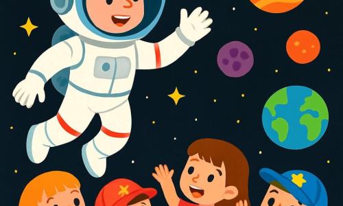 Een glimlachende vrouwelijke astronaut in een glanzende helm en een wit ruimtepak zweeft vrolijk in de ruimte, omringd door fonkelende sterren en kleurrijke planeten. Naast haar staat een groep van vier kinderen, twee meisjes en twee jongens van 5 tot 7 jaar, met verwonderde ogen die hun handen opsteken om haar te groeten. De meisjes dragen t-shirts met raketmotieven, terwijl de jongens superheldenpetten op hebben. De scène speelt zich af in de uitgestrektheid van de ruimte, met een zwarte achtergrond bezaaid met duizenden schitterende sterren en een blauwe en groene aarde op de achtergrond. De vrouwelijke astronaut legt enthousiast haar avonturen in de ruimte uit, terwijl de kinderen gefascineerd luisteren en dromen van reizen tussen de sterren.