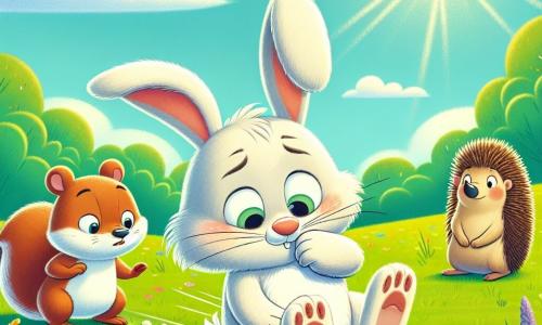 A cheerful rabbit named Benny, with large floppy ears and soft white fur, is stumbling over a small pebble in a green field. He has a surprised and slightly embarrassed look on his face, with his little paws in the air. Nearby, Lucy the squirrel, with brown fur and a bushy tail, watches Benny with a look of concern and compassion, ready to help. Timmy the hedgehog, with his brown spines and round eyes, stands just behind Lucy, displaying a friendly and encouraging smile. The setting is a sunny field dotted with colorful flowers and tall grass, under a clear blue sky with a few fluffy clouds drifting by. The main situation shows Benny falling, realizing he lied about a 