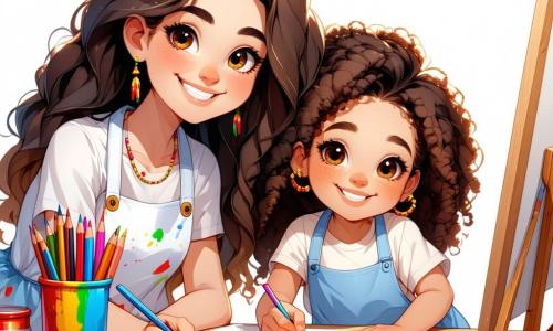 Clara, un'artista con lunghi capelli ricci, sorride mentre dipinge su una grande tela con colori vivaci. Indossa un camice bianco macchiato di vernice e i suoi occhi brillano di eccitazione. Accanto a lei, Emma, una bambina di 7 anni con capelli ricci e un grande sorriso, disegna un sole radioso con pastelli. È seduta sull'erba con le mani piene di vernice e guarda Clara con ammirazione. Luca, un ragazzo di 8 anni con capelli corti e castani, sta in piedi con una tavolozza di colori in una mano e un pennello nell'altra, dipingendo un pesce colorato su una tela, gli occhi pieni di creatività. La scena si svolge in un parco soleggiato, circondato da alberi verdi e fiori brillanti, con un cielo blu sopra di loro. Clara e i bambini si divertono a dipingere insieme, usando le dita per creare opere d'arte colorate, ridendo e condividendo la loro passione per l'arte.