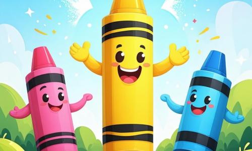 A bright yellow crayon named Mr. Scribbles, with a beaming smile and sparkling eyes, stands at the center of the scene with open arms, encouraging the other crayons to create together. To his right, a deep blue crayon named Bluey, with shy features, gazes in wonder as he begins to draw a sky. He is sitting at a wooden table surrounded by colorful sheets of paper. To the left, a rich purple crayon named Purplina, adorned with floral patterns, joyfully adds flower details to the mural, leaning over the table with eyes shining with creativity. The setting is a bright classroom filled with vivid colors, decorated with children's drawings and inspiring posters, with sunlight streaming through the windows, illuminating the large mural depicting a joyful and colorful landscape. The main scene shows Mr. Scribbles encouraging Bluey and Purplina to collaborate on their beautiful mural, each adding their personal touch in an atmosphere of camaraderie and creativity.