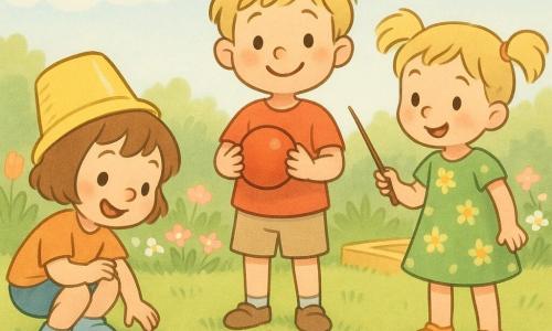 Drei Kinder, etwa 4 Jahre: Lina mit kurzem braunem Haar und schelmischem Lächeln trägt einen schiefen gelben Eimer als Hut, hockt links und beugt sich zum Ball; Max mit zerzaustem blondem Haar und rotem T‑Shirt steht in der Mitte, hält einen kleinen roten Ball stolz in den Händen; Emma mit blonden Zöpfen und grünem Blumenkleid steht rechts und hält einen dünnen Stab wie einen Zauberstab Richtung Ball. Ort: sonniger Garten mit grüner Wiese, Tulpen und Gänseblümchen, unscharfem Sandkasten im Hintergrund und ein paar bauschigen Wolken am hellblauen Himmel. Szene: die Kinder umgeben einen kleinen roten Ball auf dem Gras, fröhliche Stimmung, kräftige Farben, runde weiche Formen und leichte Bewegung (Eimer rutscht, Stab zittert).