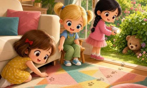 Ci sono quattro personaggi: Ana, bambina di 5 anni con capelli castani corti e piccolo fiocco rosso, vestito giallo a pois bianchi, accovacciata a sinistra che guarda sotto il divano; Bea, bambina di 5 anni con trecce bionde, maglietta blu e salopette verde, seduta su una piccola sedia al centro che indica piccole impronte sul tappeto con occhi grandi e sorridenti; Mia, bambina di 4 anni con treccia nera, maglione rosa e gonna di tulle, a destra vicino alla porta della cucina con una piccola torcia di carta accesa; e Orso, un piccolo orsacchiotto marrone dal musetto tondo parzialmente nascosto in un cespuglio, dall'aria sonnolenta e rassicurante. Ambientazione: soggiorno-giardino luminoso visto dall'alto con tappeto colorato a motivi geometrici, divano crema a sinistra, piccola sedia al centro, porta a vetri aperta su un giardino fiorito e cespuglio a destra, luce del pomeriggio e ombre morbide. Situazione: le tre bambine seguono minuscole impronte sul tappeto, guardano sotto i mobili e indicano il cespuglio dove spunta il musetto di Orso; atmosfera curiosa, gioiosa e tenera, colori pastello vivaci e stile chibi kawaii con tratti rotondi ed espressioni esagerate.