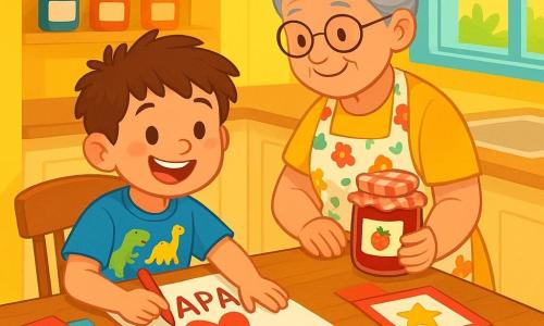 Un niño de 6 años, con cabello castaño desordenado y una gran sonrisa radiante, está sentado en una mesa de madera en una cocina luminosa. Lleva una camiseta azul con dibujos de dinosaurios y pantalones cortos a rayas. Sus ojos brillan de emoción mientras prepara una sorpresa para el Día del Padre, rodeado de tarjetas coloridas, tarros de mermelada y frutas frescas. A su lado, su abuela, una mujer mayor con cabello plateado recogido y gafas redondas, lo observa con una sonrisa benevolente. Lleva un delantal floral y sostiene un tarro de mermelada, lista para ayudarlo. La cocina es cálida, con paredes amarillas soleadas, estanterías llenas de tarros de mermelada y ventanas que dejan entrar la luz de la mañana. Un gato atigrado, Tito, está acostado en el suelo, con una estrella pegada en su bigote, añadiendo un toque humorístico a la escena. El niño está dibujando una tarjeta para su papá, rodeado de colores vivos y materiales creativos, mientras su abuela lo anima con ternura, creando una atmósfera alegre y llena de amor.