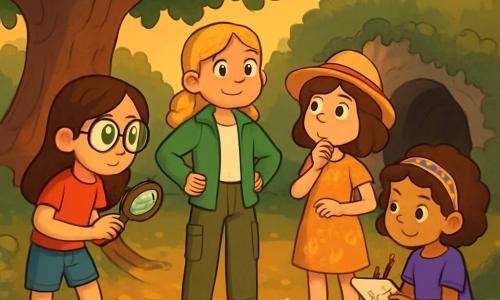 Hay 4 niños: - Valeria: una niña de 10 años, con largos cabellos castaños y gafas redondas. Lleva una camiseta roja y un short de mezclilla. Sostiene una lupa y observa atentamente a su alrededor. - Marta: una niña de 11 años, con trenzas rubias y una sonrisa valiente. Viste una chaqueta verde y pantalones cargo. Se mantiene erguida, lista para avanzar. - Irene: una niña de 10 años, con cabello castaño y ojos curiosos. Lleva un vestido de flores y un sombrero de paja. Observa los alrededores con aire pensativo. - Sofía: una niña de 9 años, con cabello rizado y una diadema colorida. Está vestida con una camiseta morada y pantalones rosas. Dibuja notas en un cuaderno, sentada sobre una piedra. Los niños están al pie de una gran encina antigua, con ramas anchas y hojas verdes brillantes. El suelo está cubierto de hojas doradas y pequeñas flores blancas. Al fondo, se vislumbra una cueva oscura, rodeada de arbustos densos y piedras cubiertas de musgo, mientras la luz del crepúsculo ilumina la escena con un suave resplandor naranja. La situación principal de la historia muestra a las cuatro amigas planeando su investigación sobre el Gran Lobo Feroz. Intercambian ideas con entusiasmo, rodeadas por la magia del crepúsculo, listas para descubrir la verdad detrás de las leyendas.