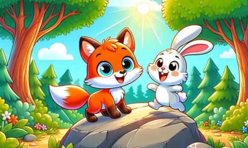 Ein kleiner, leuchtend orangefarbener Fuchs mit großen, neugierigen Augen und einem fröhlichen Lächeln steht auf einem großen Felsen in einem grünen Wald. Er schaut begeistert seinen Freund an, einen kleinen, langohrigen weißen Hasen, der fröhlich neben ihm springt und ein glückliches Gesicht zeigt. Der Wald ist voller majestätischer Bäume mit leuchtend grünen Blättern, und der Boden ist mit bunten Blumen und goldenen Blättern bedeckt. Sonnenlicht filtert durch die Äste und schafft tanzende Schatten auf dem Boden. In dieser Szene spielen der Fuchs und der Hase zusammen, lachen und rennen um den Felsen, während sie ihre schöne Freundschaft unter einem klaren blauen Himmel mit einigen weißen Wolken feiern.