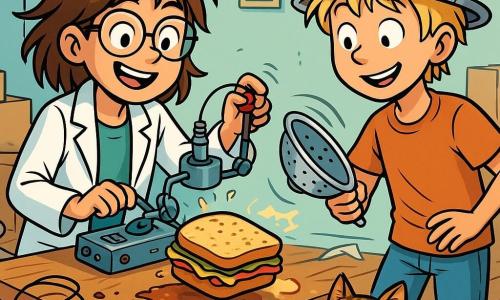 Nina, een 11-jarig meisje met rommelig bruin haar, draagt een groot wit laboratoriumjasje en een veiligheidsbril. Ze heeft een enthousiaste glimlach en nieuwsgierige ogen terwijl ze een vreemd apparaat op haar bureau afstelt. Naast haar staat Teun, haar 13-jarige broer met wild blond haar en een vrolijke uitstraling, hij draagt een kookschort en houdt een vergiet vast, klaar om het ontsnapte brood op te vangen. Hun kat, Vosje, een klein getijgerd katje, ligt op de grond met grote ogen en kijkt verrast naar het rollende brood. De scène speelt zich af in een rommelige kamer vol dozen, elektrische draden en verspreide papieren, met een houten bureau waarop de beroemde 