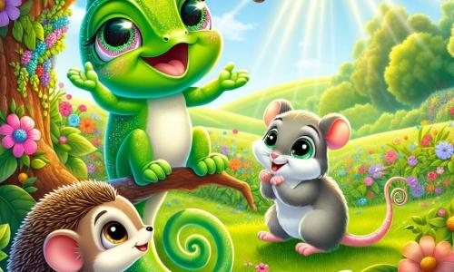 In het midden van de afbeelding staat Kiki, een kleine groene kameleon met sprankelende ogen, die vreugde en enthousiasme uitstraalt. Ze zit op een tak, omringd door kleurrijke bloemen, en glimlacht breed terwijl ze haar armen omhoog steekt om haar vrienden te verwelkomen. Naast haar kijkt een kleine, nieuwsgierige egel met bruine stekels naar Kiki met bewondering, terwijl een schattige muis met lichtgrijs vacht en glanzende ogen enthousiast applaudisseert. Beiden zitten op het groene gras, omringd door kleurrijke bloemen. De scène speelt zich af in een zonnige open plek in een magisch bos, waar majestueuze bomen om hen heen staan, met bladeren die schitteren in het zonlicht. Kleurige vlinders fladderen rond en voegen een vleugje magie toe aan de sfeer. De hoofdsetting toont Kiki en haar vrienden die een grote voorstelling voorbereiden om hun verschillen te vieren en acceptatie te bevorderen, met stralende glimlachen op hun gezichten, wat vriendschap en diversiteit illustreert.