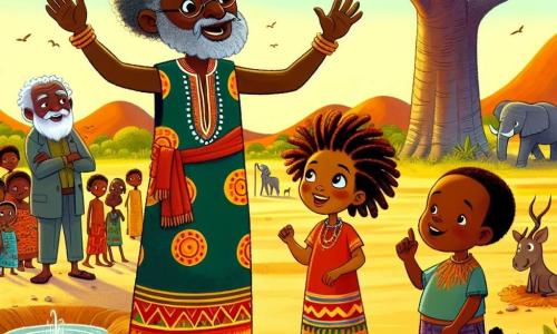 Kofi, ein afrikanischer Mann in den Vierzigern, steht lächelnd im Zentrum des Bildes. Er hat warmbraune Haut, krauses Haar und trägt einen bunten, traditionell gemusterten Stoff. Seine Arme sind erhoben, als wolle er die Dorfbewohner zur Zusammenarbeit ermutigen. Neben ihm steht die zehnjährige Amina mit langen geflochtenen Haaren und strahlenden Augen, die eine Schaufel hält und Kofi bewundernd ansieht. Ein älterer Mann, der Dorfweise, steht etwas im Hintergrund mit einem weißen Bart und einem stolzen, wohlwollenden Blick. Die Szene spielt in einer weiten afrikanischen Savanne, beleuchtet vom goldenen Licht der untergehenden Sonne. Im Hintergrund ist ein majestätischer Baobab zu sehen, während neugierige Tiere wie Elefanten und bunte Vögel sich der sprudelnden Wasserquelle nähern. Kofi und die Dorfbewohner arbeiten gemeinsam daran, Wasser aus einer ausgetrockneten Quelle zu holen, indem sie graben, Bäume pflanzen und fröhliche Lieder singen, was die Harmonie zwischen Mensch und Natur symbolisiert.