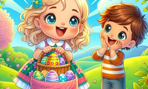 Una niña de 6 años, llamada Sofía, está en la cima de una colina verde, con los ojos brillantes de emoción y una gran sonrisa en su rostro. Lleva un vestido colorido con flores y sostiene una bonita cesta de mimbre llena de huevos de Pascua de colores. A su lado, su mejor amigo Lucas, un niño de 6 años con cabello castaño y ojos chispeantes, la anima levantando los brazos, igual de entusiasmado. Más lejos, María, una niña de 6 años con cabello rubio y trenzas, mira con asombro el huevo dorado que Sofía acaba de descubrir, con las manos en las mejillas. El escenario es un parque soleado, con árboles en flor, flores coloridas y un cielo azul brillante. Los rayos de sol iluminan la escena, creando un ambiente alegre y festivo. La situación principal muestra a Sofía descubriendo un brillante huevo dorado escondido bajo un arbusto, rodeada de sus amigos, todos ansiosos por compartir este maravilloso hallazgo durante la búsqueda de huevos de Pascua.