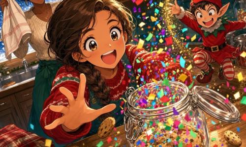 Niña de 10 años, rostro redondo, ojos grandes y brillantes, cabello castaño claro en trenza, expresión alegre y asombrada, ríe extendiendo la mano hacia un frasco de galletas que estalla en confeti multicolor; duende travieso de Navidad de unos 30 cm, piel clara, orejas puntiagudas, gorro rojo puntiagudo y ojos pícaros que salta dejando una estela de purpurina dorada junto al mostrador; mujer adulta (madre) de unos 35 años, pelo negro recogido, sonrisa indulgente, entra en la cocina con una toalla detrás de la niña a la izquierda; cocina cálida y festiva con encimera de madera barnizada, estantes con frascos de vidrio, luz suave de guirnaldas y copos de nieve en la ventana; situación principal: explosión lúdica de confeti multicolor desde los frascos, papeles en el aire y galletas intactas cayendo, atmósfera alegre y traviesa, movimiento dinámico, colores vivos (rojo, verde, oro, turquesa) y texturas detalladas (madera, vidrio, tela); plano dinámico ligeramente en picado y encuadre cerrado sobre la niña y el duende para captar la emoción; estilo manga con trazos nítidos, expresiones exageradas, ojos brillantes y acabado luminoso e infantil, sin texto ni logotipos.