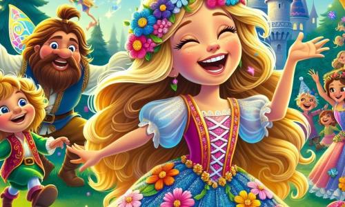 La principessa Livia, una ragazza di circa 10 anni, ha lunghi capelli dorati che brillano al sole e indossa un abito colorato decorato con fiori vivaci. Ride di gioia, con gli occhi scintillanti, mentre danza nel giardino del castello. Accanto a lei, Poppy, una piccola fata con ali blu vivaci, vola felicemente, sorridendo e indossando un vestito scintillante di petali di fiori. Più lontano, Gigi, un gigante amichevole con capelli arruffati e un grande naso, ride circondato da un gruppo di bambini e gnomi che danzano intorno a lui. Il giardino del castello è un luogo incantevole, pieno di fiori multicolori, grandi alberi e luci scintillanti che creano un'atmosfera magica. La scena principale mostra Livia e i suoi amici che celebrano una grande festa, ridendo e ballando insieme, mentre bolle di gioia fluttuano intorno a loro, simboleggiando la magia dell'amicizia e delle risate condivise.