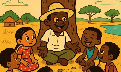 Un hombre llamado Sadio, rostro redondo y sonriente, piel marrón oscura con textura, ojos redondos color dorado, sombrero de paja beige, camisa blanca y pantalón kaki, sentado bajo un gran baobab contando una historia con gestos abiertos; a su izquierda una niña de unos 6 años de piel claro-marrón con trenzas y vestido rojo con lunares blancos, manos en las rodillas y mirada maravillada; a su derecha un niño de unos 5 años de piel más oscura, cabello rizado corto, camiseta azul y short amarillo, riendo y señalando hojas que caen; varios otros niños (4–7 años) sentados en círculo cerca y táctiles, ropa de colores vivos; paisaje de vasta sabana dorada con suelo polvoriento, baobab de tronco masivo y ramas gruesas, río brillante a la derecha, mango y acacia más lejos, pequeñas chozas de barro a la izquierda y hierbas altas ondeando; luz de mediodía con sombra fresca bajo el baobab y contrastes marcados, ambiente acogedor y tranquilo, composiciones redondeadas y líneas suaves al estilo rubber hose.