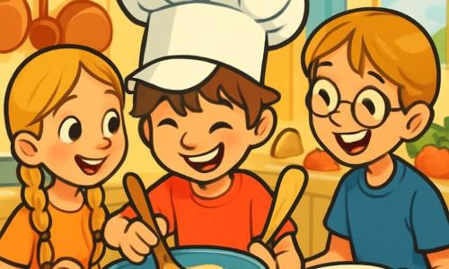 Max, a 10-year-old boy wearing a large chef's hat that falls over his eyes, smiles enthusiastically as he mixes pancake batter in a big bowl. His messy brown hair and rosy cheeks reflect his excitement. Next to him, Mia, a 9-year-old girl with blonde braids, watches with sparkling eyes, holding a wooden spatula, ready to help. Leo, an 11-year-old boy with glasses and brown hair, stands back, laughing at Max while holding an empty plate to catch the pancakes. The scene takes place in a warm, welcoming kitchen filled with shiny copper pots, colorful vegetables on the countertop, and a window letting in sunlight that brightens the pastel yellow walls. Max and his friends are preparing a large batch of pancakes for a party, full of energy and joy, as the batter rises in the bowl, promising a sweet delight.