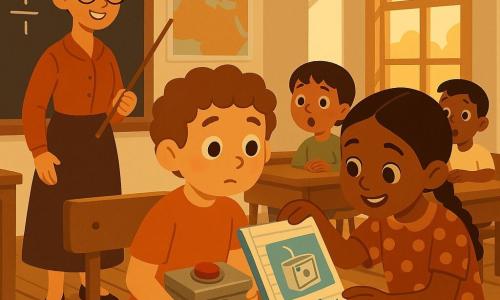A 6-year-old boy, Max, surprised and curious with large bright eyes and curly brown hair, sits shyly at a wooden desk holding a small silver box with a big red button on his knees; a 6-year-old girl, Lucy, smiling and playful with braided brown hair in a simple polka-dot dress, stands beside him reaching toward the blue notebook showing a drawing of the “Time Box”; Miss Carter, about 35, kind with chestnut hair in a bun, wearing a long skirt and holding a pointer, stands slightly left in front of a blackboard and wall map; an old classroom with varnished wooden desks with inkwells, tall windows letting in golden light, a blackboard with white chalk, wooden floor and the suggested smell of chalk and old books; Max has just appeared after a time-travel, his expression a mix of surprise and wonder as other children watch, warm colors and soft contrasts, composition centered on Max and his box.