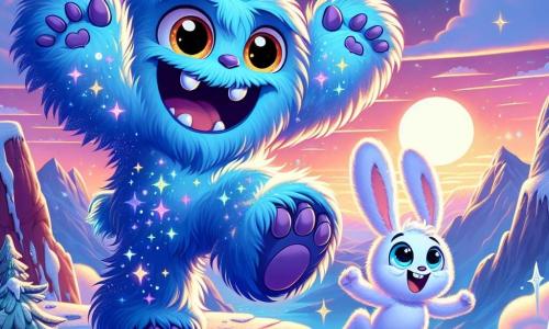 Moony, the gentle and friendly monster, is a large being with bright blue fur that sparkles like stars. His big warm eyes express joy and wonder as he stands on top of a mountain, arms open, savoring the beauty of the landscape. Beside him, Fluffy, a small snow bunny, is an adorable little boy with long ears and bright white fur. He joyfully hops, eyes wide with surprise, admiring the spectacular view. The setting is a mountain peak, with fluffy clouds below and a vibrant sky in shades of pink and orange, illuminated by the setting sun. Ice crystals sparkle on the rocks, adding a magical touch to the environment. The main scene shows Moony and Fluffy celebrating their adventure, surrounded by natural beauty, with bursts of light and vivid colors evoking magic and friendship.