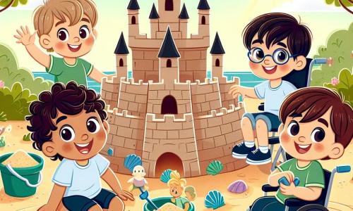 Em um parque ensolarado, cinco meninos de seis anos estão reunidos em torno de um lindo castelo de areia. Lucas, um menino de cabelo cacheado e olhos brilhantes, está agachado à esquerda, segurando um balde cheio de areia, com um grande sorriso no rosto. Pedro, um menino de cabelo castanho e óculos, está à direita, segurando uma pequena pá, pronto para adicionar uma torre ao castelo. Tiago, um menino de cabelo loiro e bochechas rosadas, está pulando de alegria atrás do castelo, com uma mão levantada, como se tivesse uma ideia genial. Miguel, um menino de cabelo castanho e olhos suaves, está sentado em sua cadeira de rodas nas proximidades, segurando conchas coloridas que se prepara para usar para decorar o castelo. Por fim, João, um novo menino de cabelo negro e olhos brilhantes, está no centro, sorrindo amplamente, com uma mão sobre o castelo, como se estivesse orgulhoso da criação deles. O parque é cheio de verde, com árvores majestosas e flores coloridas que dançam ao vento. O céu é de um azul brilhante, salpicado de algumas nuvens brancas fofas. A cena principal mostra as crianças reconstruindo o castelo de areia após uma brisa forte tê-lo derrubado. Elas trabalham juntas, rindo e se encorajando, ilustrando a beleza da amizade e da cooperação.
