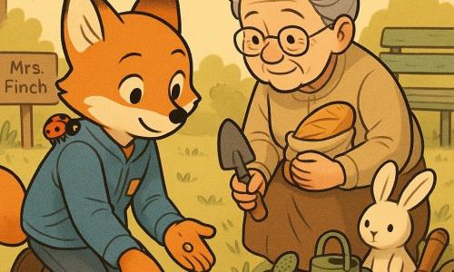 A young anthropomorphic fox with a gentle smile and bright red fur, wearing a blue jacket with a yellow patch, kneels to plant a seed in dark soil while Mrs. Finch, an elderly gardener with her gray hair in a bun and a kindly, wrinkled face, stands beside him holding a shovel and a wrapped bun; a small red ladybug with black spots rests on the fox’s shoulder, a realistic white plush rabbit watches from a pile of tools beside a green watering can, and the neat garden beds with yellow tulips and purple crocus buds, a weathered green bench and a wooden sign reading Mrs. Finch are bathed in soft late-afternoon golden light through willow branches, creating a warm, peaceful scene focused on the fox planting the seed as the old woman looks on and the ladybug gleams above.