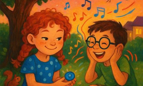 Two children, about seven: a red‑haired, freckled girl in a blue polka‑dot dress sits under a large oak at left holding a small glowing blue volume knob with a mischievous smile, and a brown‑haired boy with thick round glasses, a green t‑shirt and khaki shorts sits at right leaning toward her, hands on his knees, laughing and almost covering his ears as if hearing a loud sound; they are in a cozy backyard at dusk—green grass dotted with yellow flowers, an oak with a low branch, a bush with a curious squirrel’s shadow, warm houses with lit windows and a pink‑orange sky with early stars—and the girl has turned the knob slightly so garden sounds are exaggeratedly loud (birds shown with musical notes, laughs and barks as colorful waves), creating a gentle, playful, calming scene in warm colors with visible acrylic paint texture.