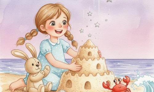 An 8-year-old girl with bright eyes and light-brown pigtails in a pale-blue polka-dot dress shapes a huge sand cake with her hands on the beach while her beige plush rabbit Mr. Flop sits beside her, looking content with a black button eye as if applauding; a small bright-red crab mischievously arranges shells as decorations at the cake’s edge, a soft foamy wave laps the base sending sparkling droplets, and a watercolor twilight sky of purple and pink showers silver star-confetti — a tender, playful scene in soft tones with grainy watercolor textures.