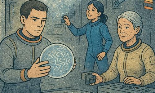 Commander Elias, a focused calm young man with a square face, short brown hair and a gray spacesuit with orange trim, floats by a stainless sorting table holding a clear capsule with a gray shard that glows in labyrinthine patterns; Nima, about 30, energetic with tied black hair in a blue suit, floats slightly behind attaching a magnetic patch to a vent while watching the sparkling cloud; Mara, about 50 with short silver hair and weathered skin in a worn beige suit, stands by a repaired control panel holding a small magnetic device and watching with relief; a ceiling-mounted assistant robot 